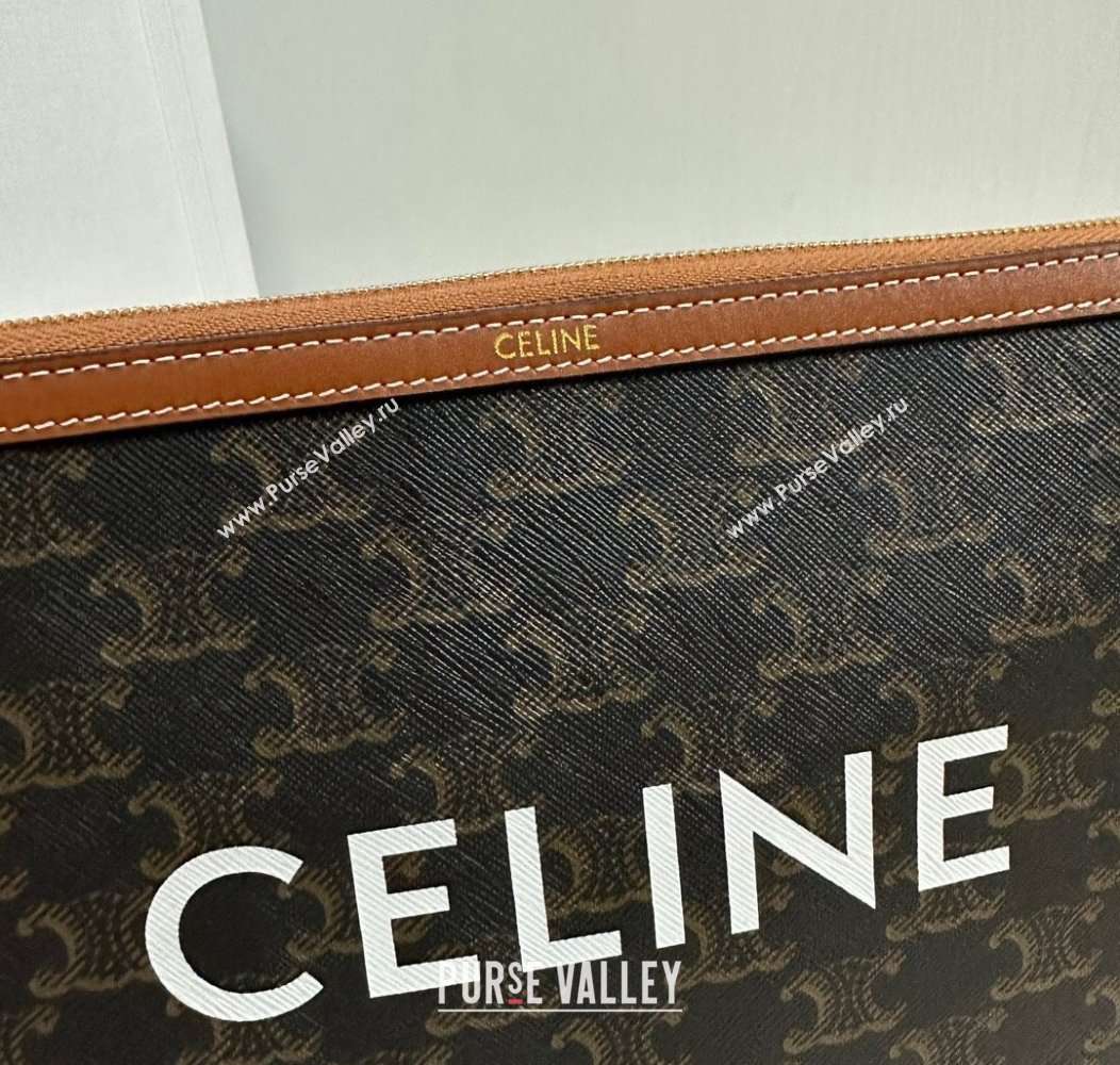 Celine Small Pouch with Strap in Triomphe Canvas with CELINE Print Tan Brown 2024 10J502 (BL-241212003)