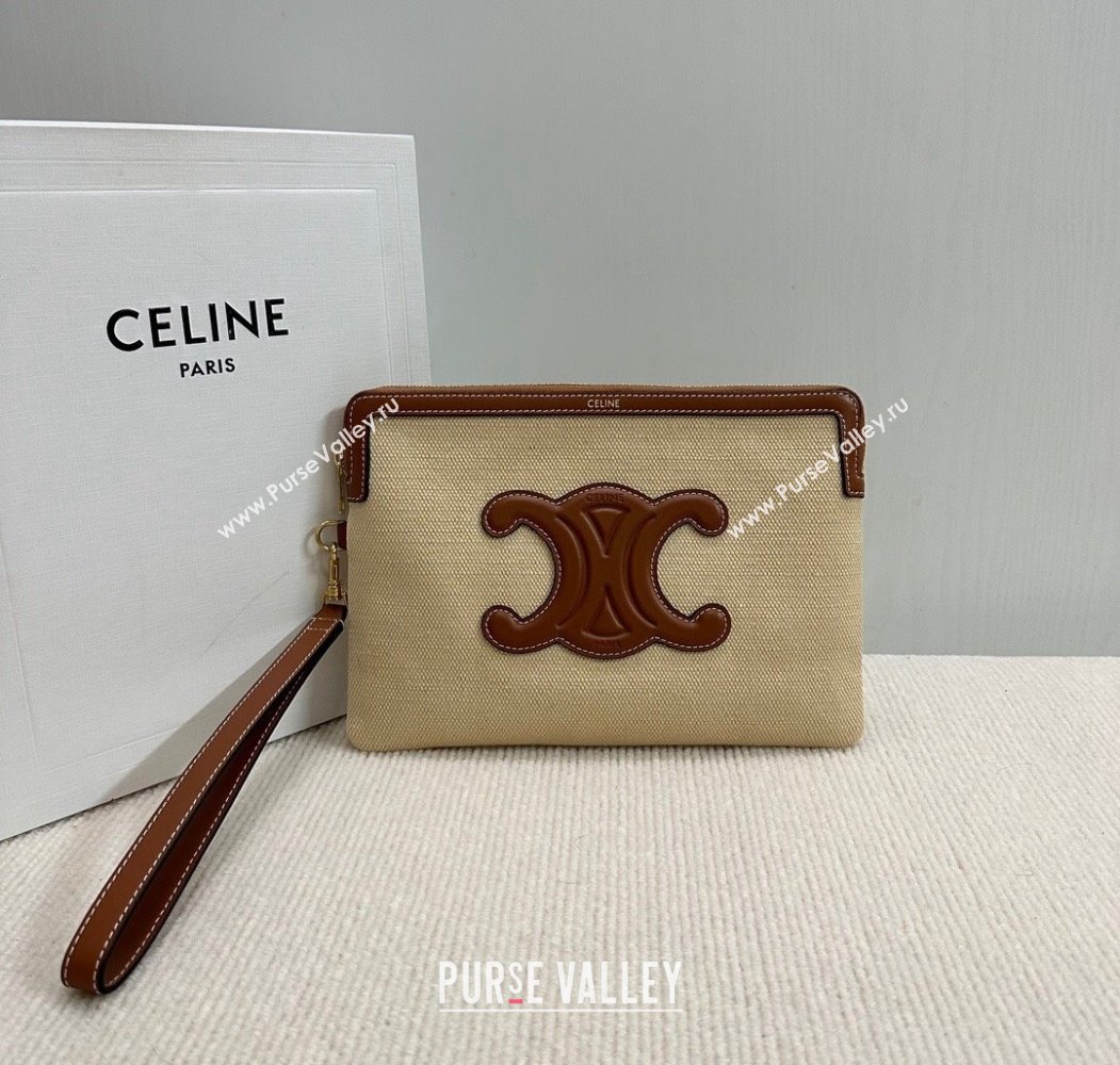 Celine Small Pouch with Strap in Textile and Calfskin Beige 2024 10J502 (BL-241212001)