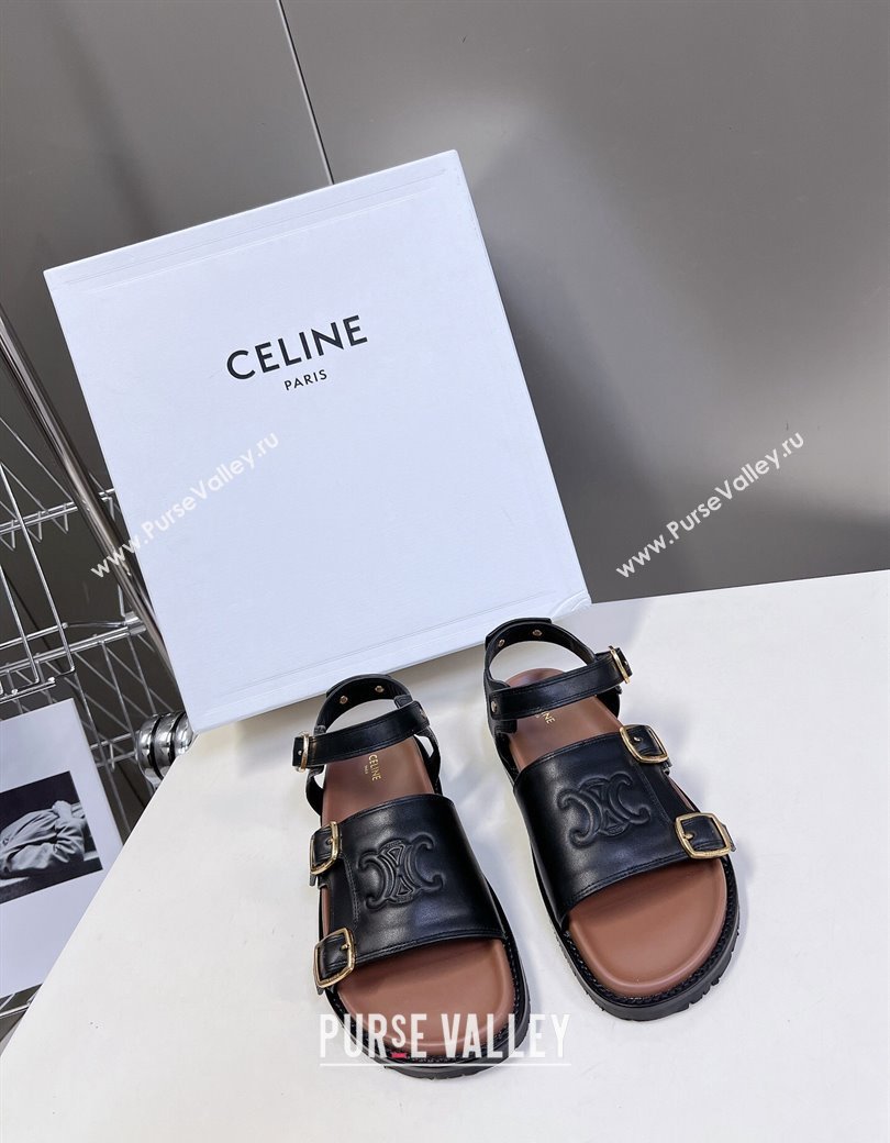 Celine Mino Flat Sandals in Calfskin with Buckle Black 2024 1223 (MD-241223108)