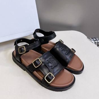 Celine Mino Flat Sandals in Calfskin with Buckle Black 2024 1223 (MD-241223108)