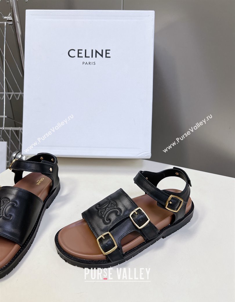 Celine Mino Flat Sandals in Calfskin with Buckle Black 2024 1223 (MD-241223108)