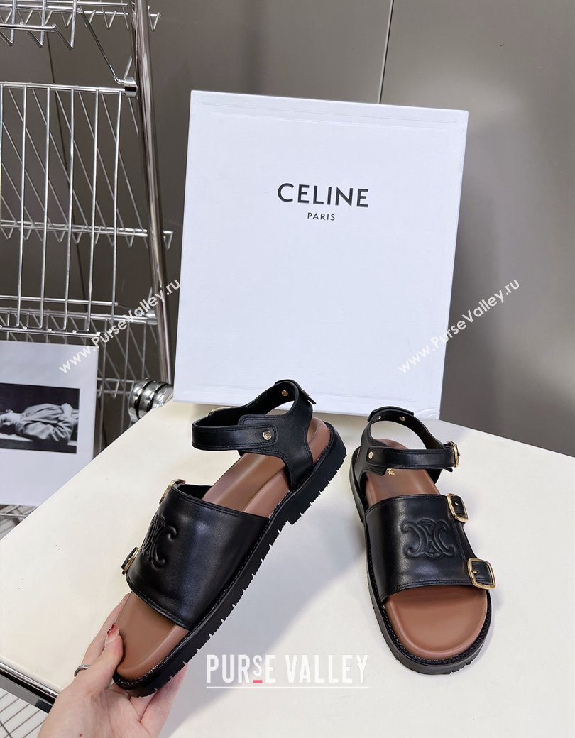 Celine Mino Flat Sandals in Calfskin with Buckle Black 2024 1223 (MD-241223108)