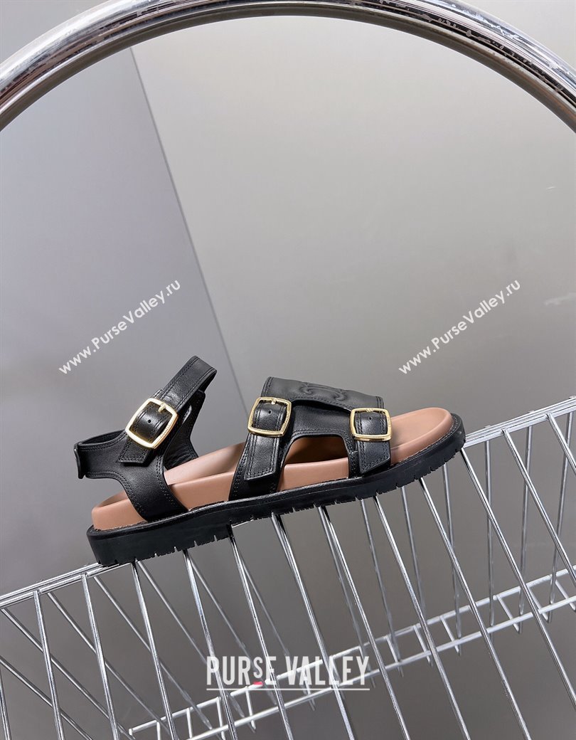 Celine Mino Flat Sandals in Calfskin with Buckle Black 2024 1223 (MD-241223108)