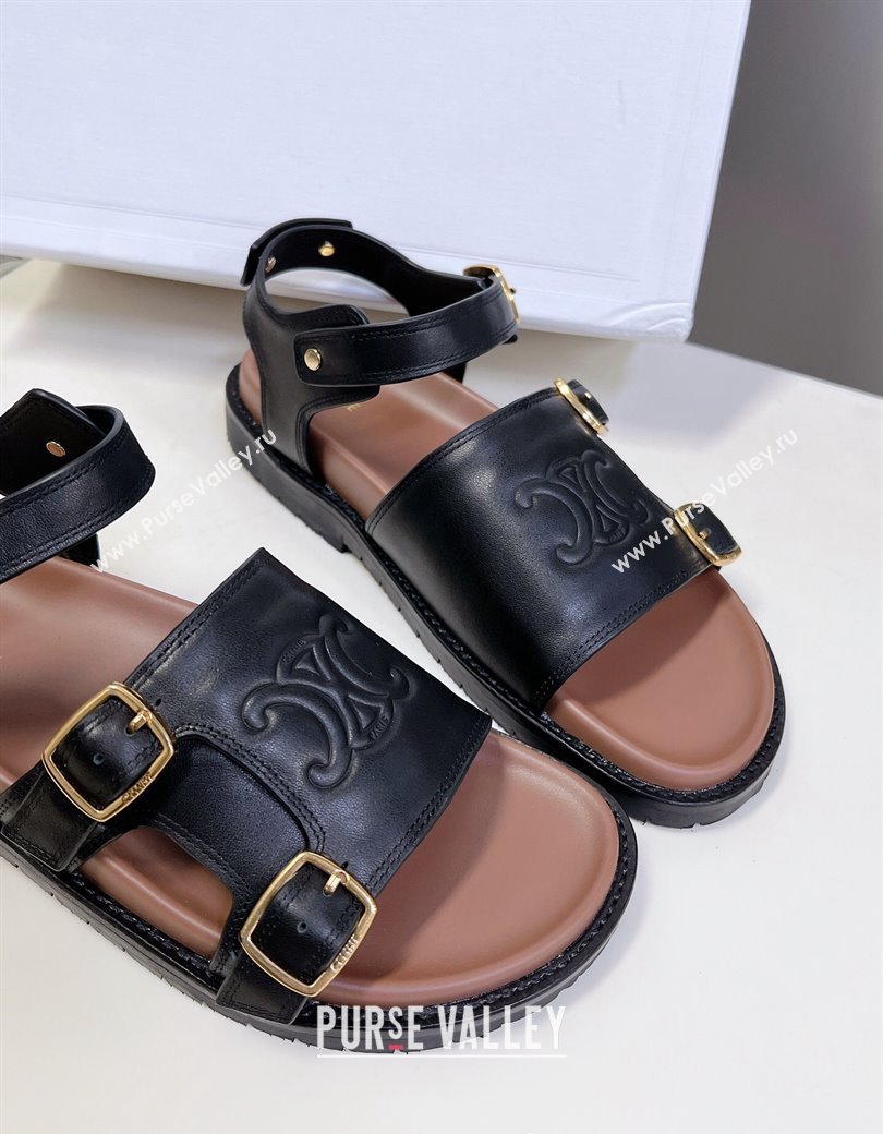 Celine Mino Flat Sandals in Calfskin with Buckle Black 2024 1223 (MD-241223108)