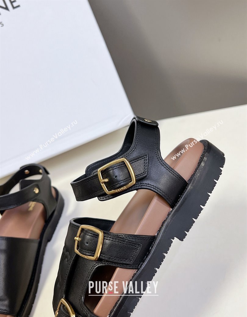 Celine Mino Flat Sandals in Calfskin with Buckle Black 2024 1223 (MD-241223108)