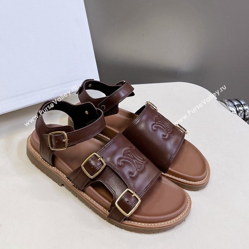 Celine Mino Flat Sandals in Calfskin with Buckle Dark Brown 2024 1223 (MD-241223109)