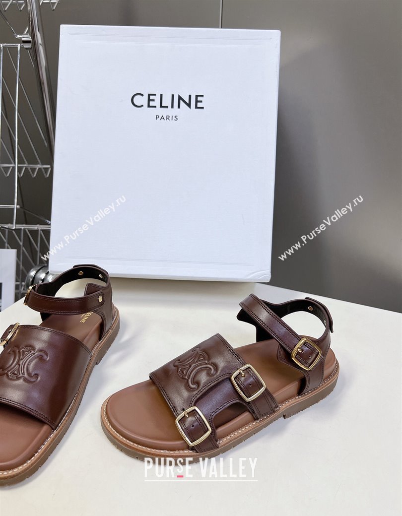 Celine Mino Flat Sandals in Calfskin with Buckle Dark Brown 2024 1223 (MD-241223109)