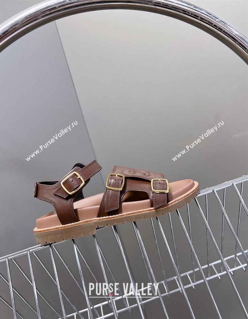 Celine Mino Flat Sandals in Calfskin with Buckle Dark Brown 2024 1223 (MD-241223109)