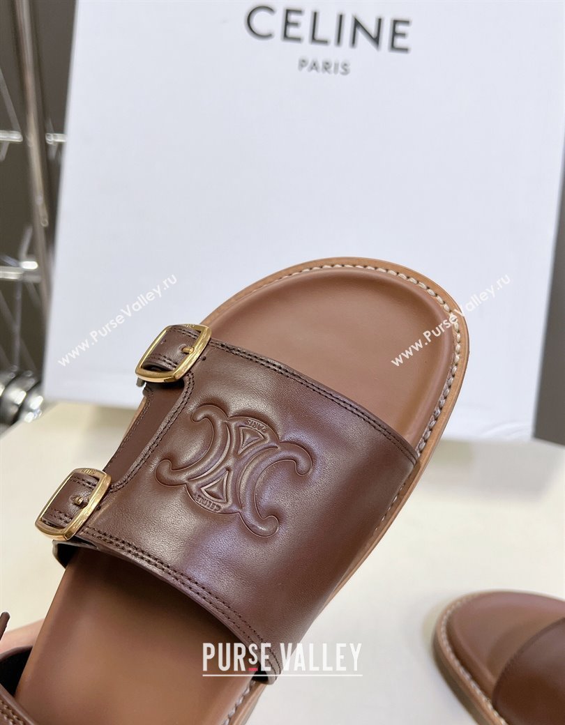 Celine Mino Flat Sandals in Calfskin with Buckle Dark Brown 2024 1223 (MD-241223109)