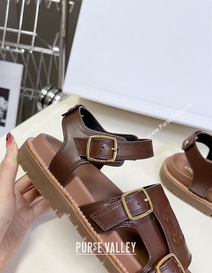 Celine Mino Flat Sandals in Calfskin with Buckle Dark Brown 2024 1223 (MD-241223109)