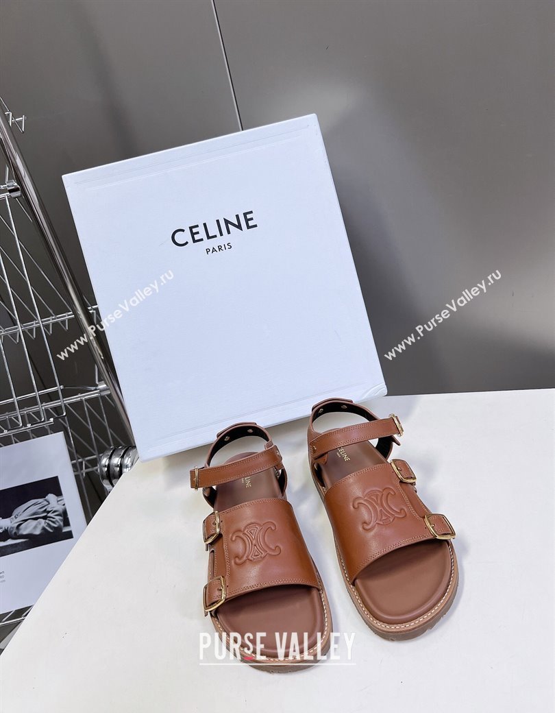 Celine Mino Flat Sandals in Calfskin with Buckle Tan Brown 2024 1223 (MD-241223110)