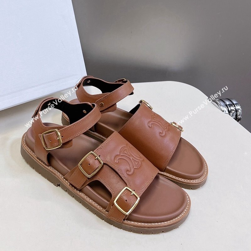 Celine Mino Flat Sandals in Calfskin with Buckle Tan Brown 2024 1223 (MD-241223110)