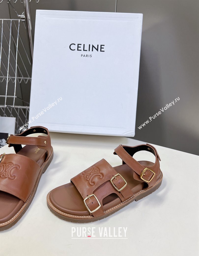 Celine Mino Flat Sandals in Calfskin with Buckle Tan Brown 2024 1223 (MD-241223110)