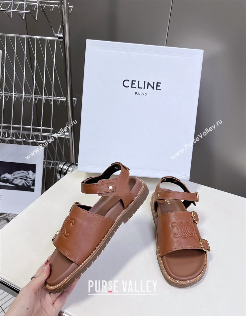 Celine Mino Flat Sandals in Calfskin with Buckle Tan Brown 2024 1223 (MD-241223110)