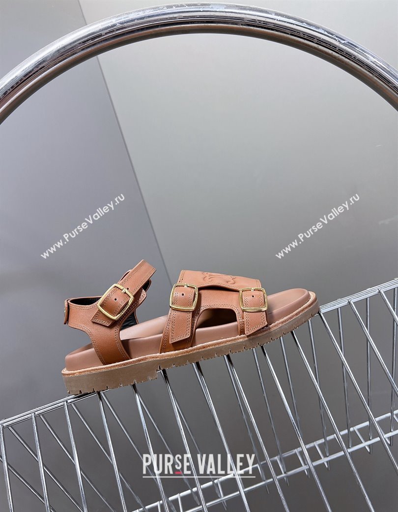 Celine Mino Flat Sandals in Calfskin with Buckle Tan Brown 2024 1223 (MD-241223110)