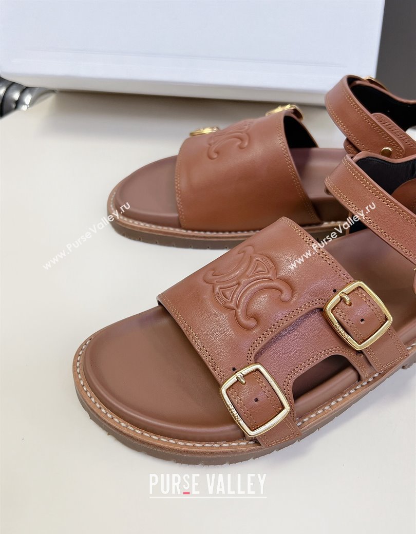 Celine Mino Flat Sandals in Calfskin with Buckle Tan Brown 2024 1223 (MD-241223110)