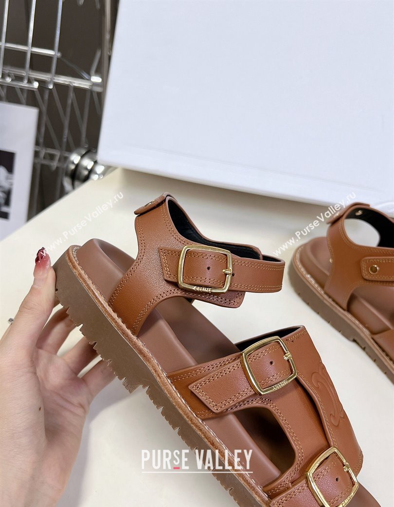 Celine Mino Flat Sandals in Calfskin with Buckle Tan Brown 2024 1223 (MD-241223110)