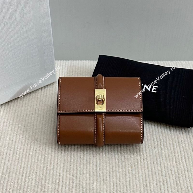 Celine Small Trifold Wallet 16 in Satinated Calfskin Tan Brown 2025 10F523 (BL-250210054)