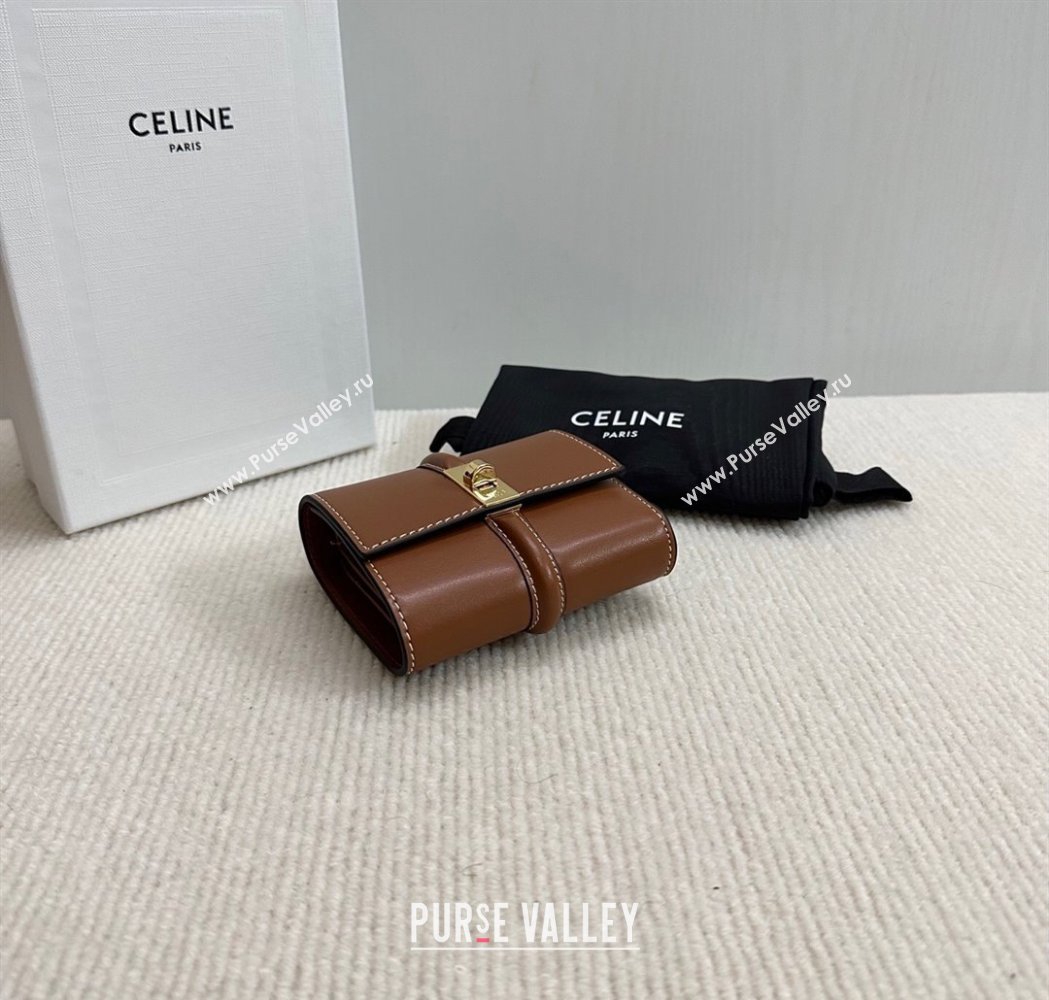 Celine Small Trifold Wallet 16 in Satinated Calfskin Tan Brown 2025 10F523 (BL-250210054)