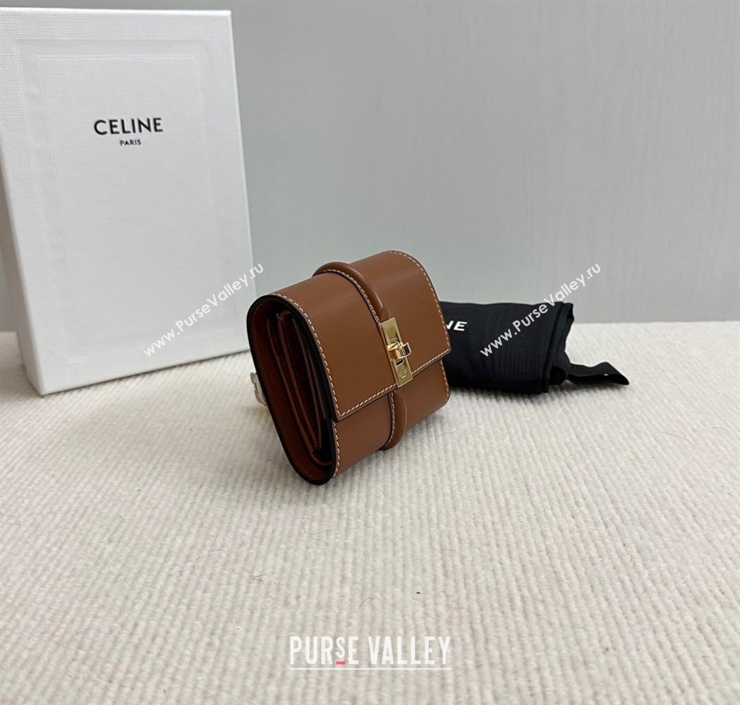 Celine Small Trifold Wallet 16 in Satinated Calfskin Tan Brown 2025 10F523 (BL-250210054)