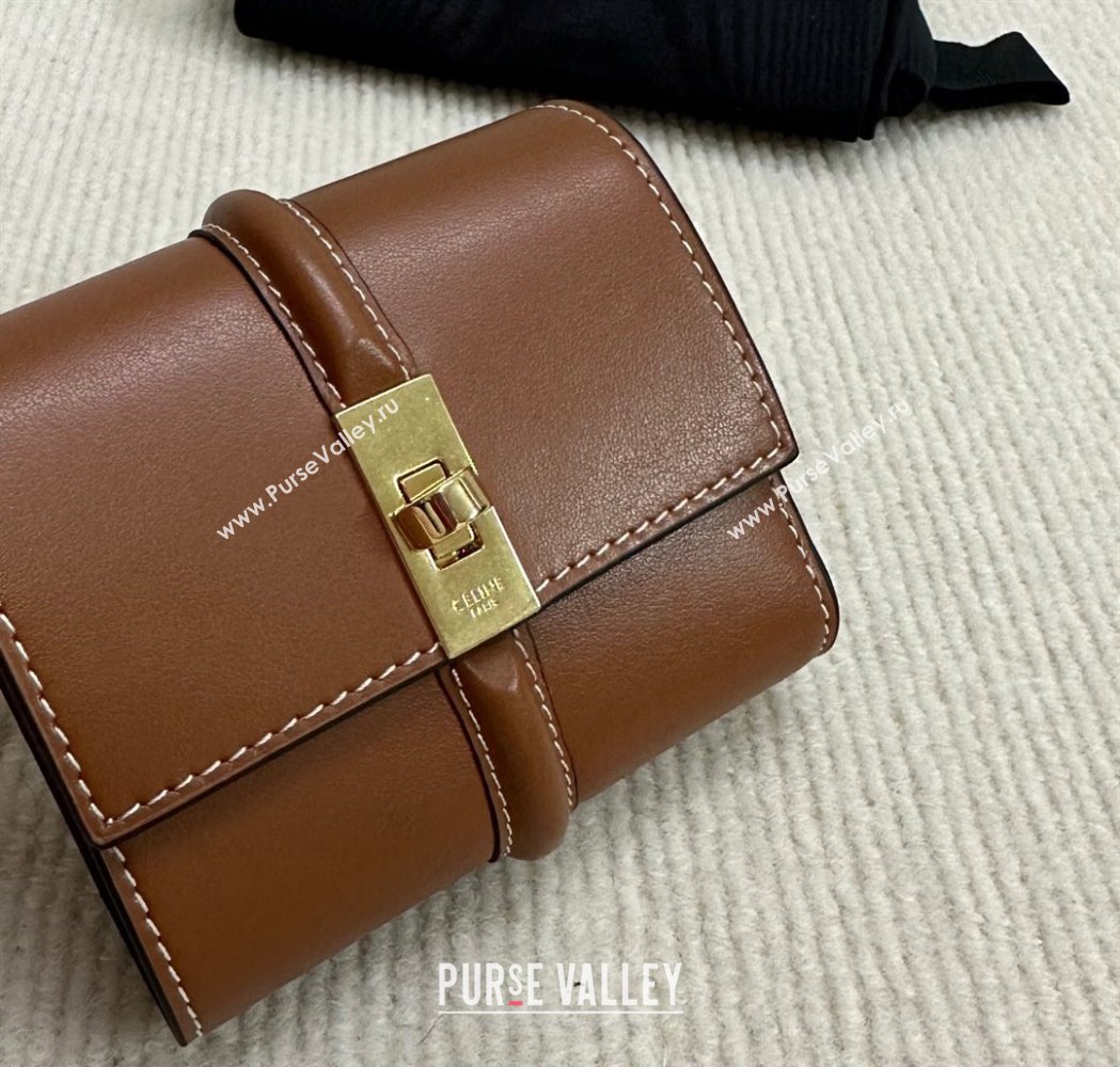 Celine Small Trifold Wallet 16 in Satinated Calfskin Tan Brown 2025 10F523 (BL-250210054)