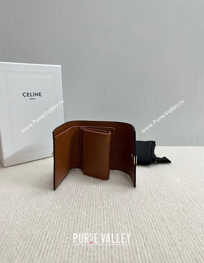 Celine Small Trifold Wallet 16 in Satinated Calfskin Tan Brown 2025 10F523 (BL-250210054)