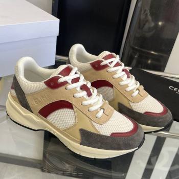 Celine Runner CR-03 Low Lace-up Sneakers in Mesh, Suede and Calfskin Beige/Burgundy 2025 (KL-250220009)