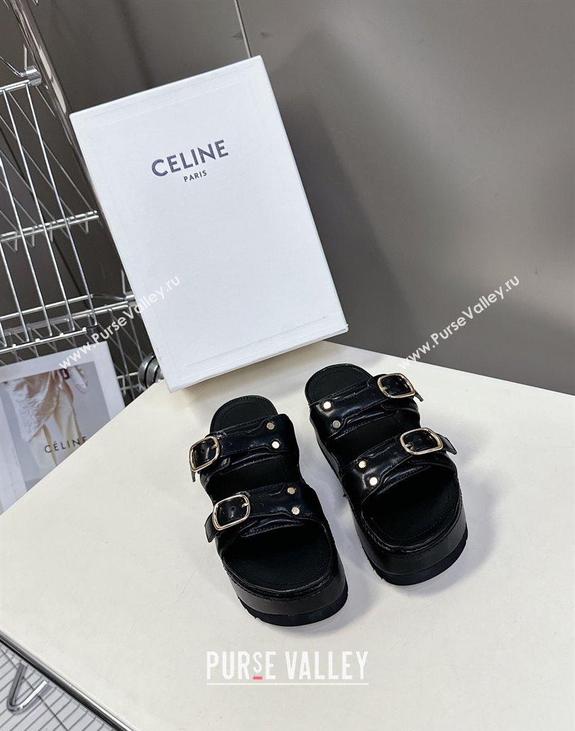 Celine Polly Wedge Platform Slides Sandal in Calfskin with Buckle Strap Black 2025 (MD-250428117)