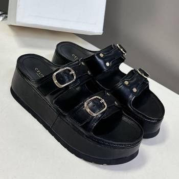 Celine Polly Wedge Platform Slides Sandal in Calfskin with Buckle Strap Black 2025 (MD-250428117)