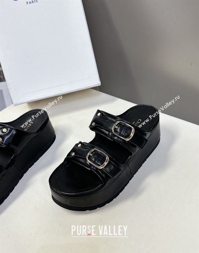 Celine Polly Wedge Platform Slides Sandal in Calfskin with Buckle Strap Black 2025 (MD-250428117)
