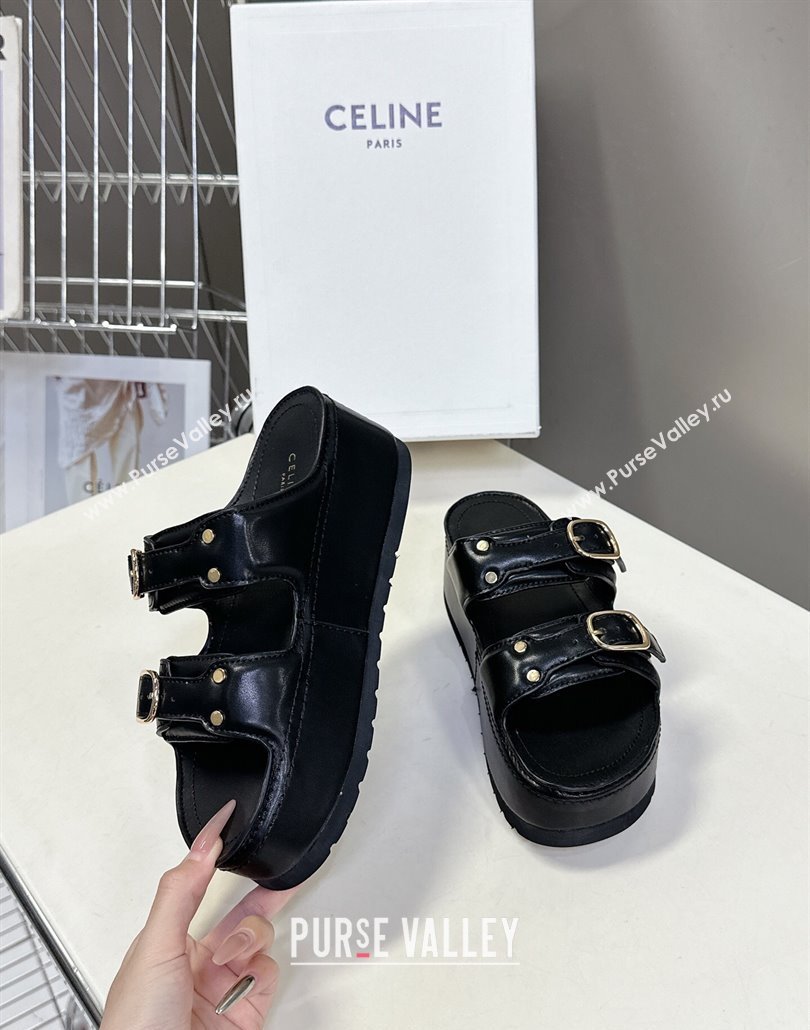 Celine Polly Wedge Platform Slides Sandal in Calfskin with Buckle Strap Black 2025 (MD-250428117)
