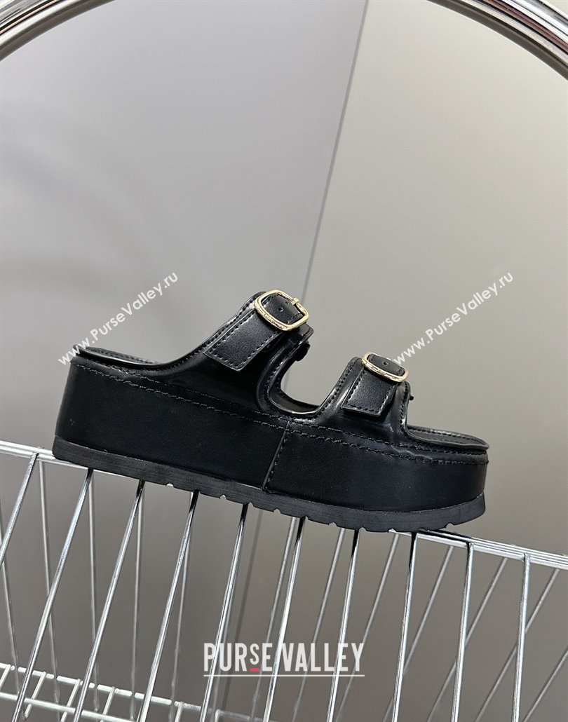 Celine Polly Wedge Platform Slides Sandal in Calfskin with Buckle Strap Black 2025 (MD-250428117)