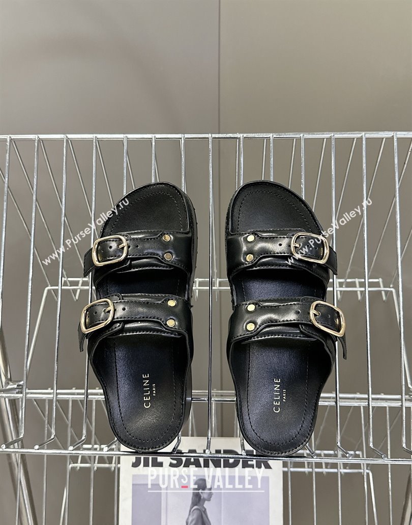 Celine Polly Wedge Platform Slides Sandal in Calfskin with Buckle Strap Black 2025 (MD-250428117)