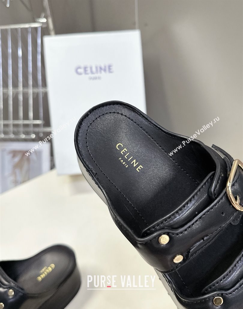 Celine Polly Wedge Platform Slides Sandal in Calfskin with Buckle Strap Black 2025 (MD-250428117)