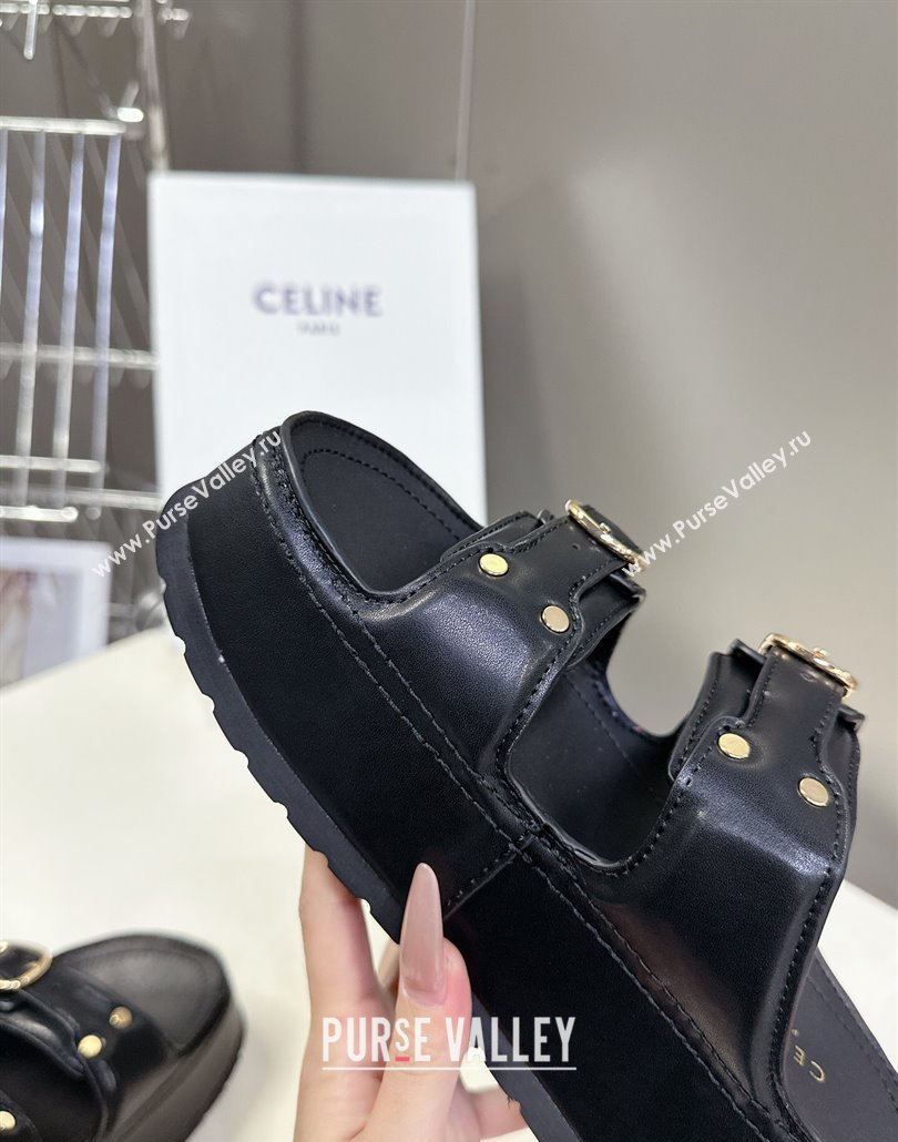 Celine Polly Wedge Platform Slides Sandal in Calfskin with Buckle Strap Black 2025 (MD-250428117)
