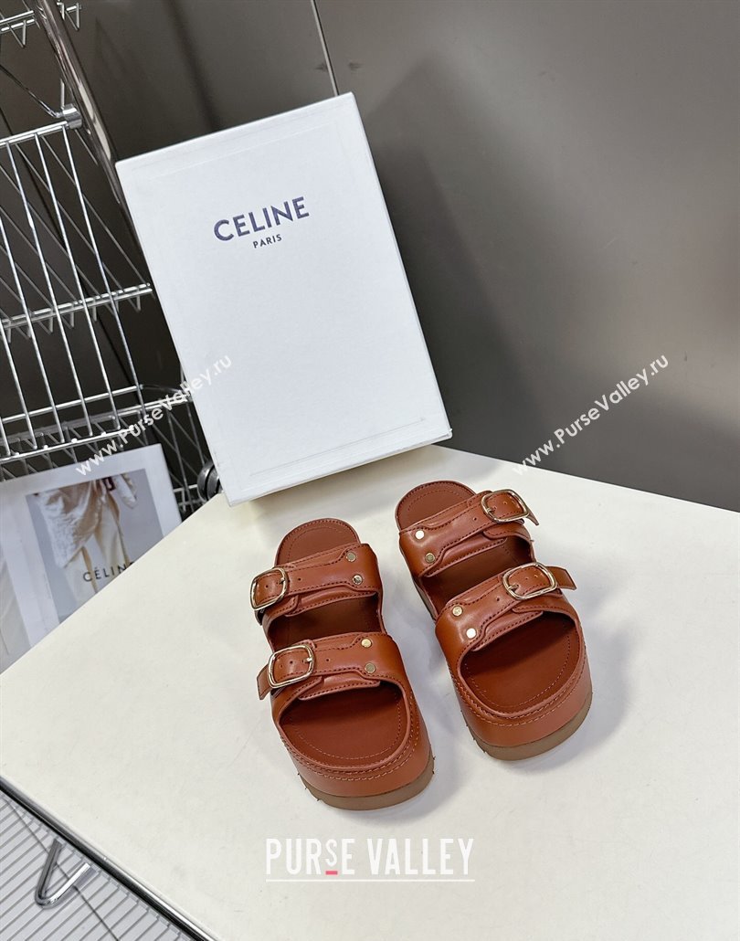 Celine Polly Wedge Platform Slides Sandal in Calfskin with Buckle Strap Tan Brown 2025 (MD-250428118)