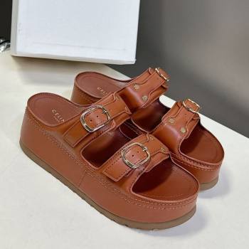 Celine Polly Wedge Platform Slides Sandal in Calfskin with Buckle Strap Tan Brown 2025 (MD-250428118)