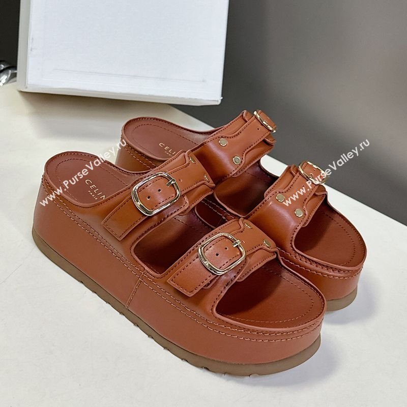 Celine Polly Wedge Platform Slides Sandal in Calfskin with Buckle Strap Tan Brown 2025 (MD-250428118)