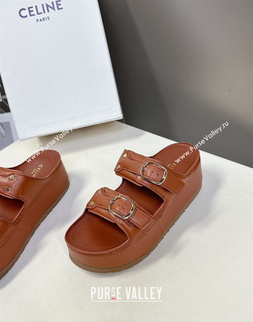 Celine Polly Wedge Platform Slides Sandal in Calfskin with Buckle Strap Tan Brown 2025 (MD-250428118)