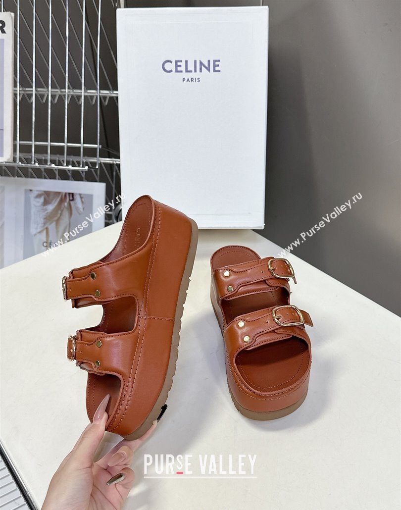 Celine Polly Wedge Platform Slides Sandal in Calfskin with Buckle Strap Tan Brown 2025 (MD-250428118)