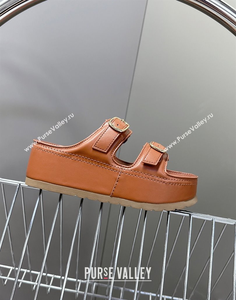 Celine Polly Wedge Platform Slides Sandal in Calfskin with Buckle Strap Tan Brown 2025 (MD-250428118)