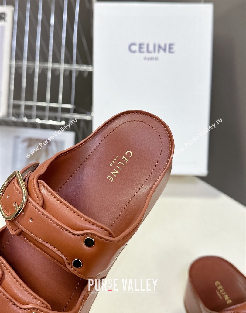 Celine Polly Wedge Platform Slides Sandal in Calfskin with Buckle Strap Tan Brown 2025 (MD-250428118)