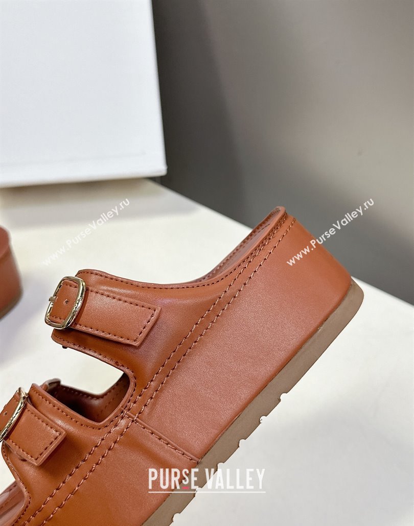 Celine Polly Wedge Platform Slides Sandal in Calfskin with Buckle Strap Tan Brown 2025 (MD-250428118)