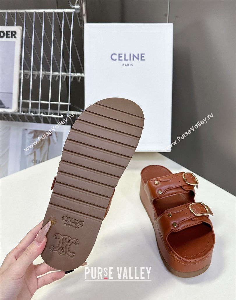 Celine Polly Wedge Platform Slides Sandal in Calfskin with Buckle Strap Tan Brown 2025 (MD-250428118)