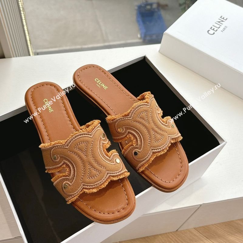 Celine Marina Fringed Flat Slides Sandal in Cotton Canvas Brown 2025 (MD-250428119)