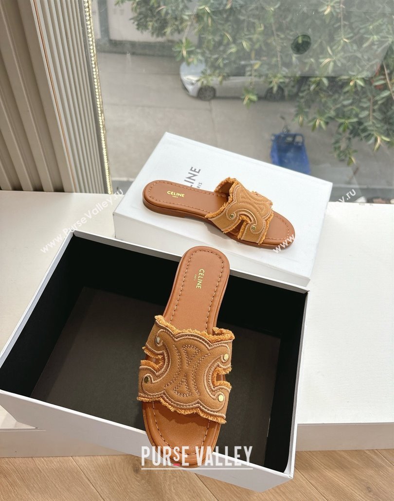 Celine Marina Fringed Flat Slides Sandal in Cotton Canvas Brown 2025 (MD-250428119)