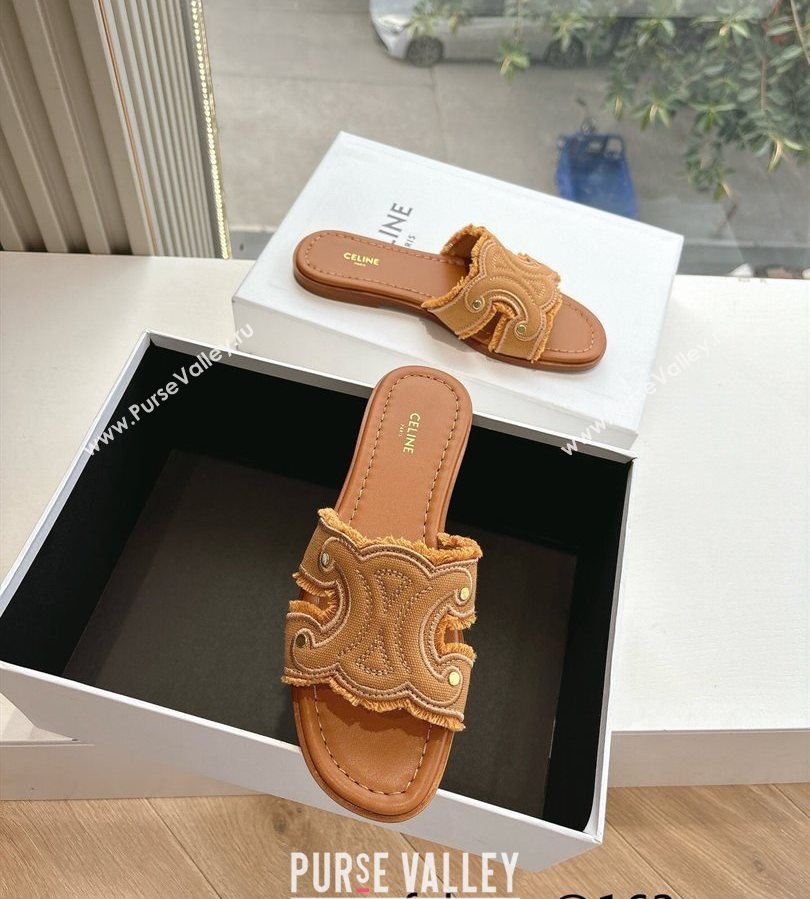 Celine Marina Fringed Flat Slides Sandal in Cotton Canvas Brown 2025 (MD-250428119)