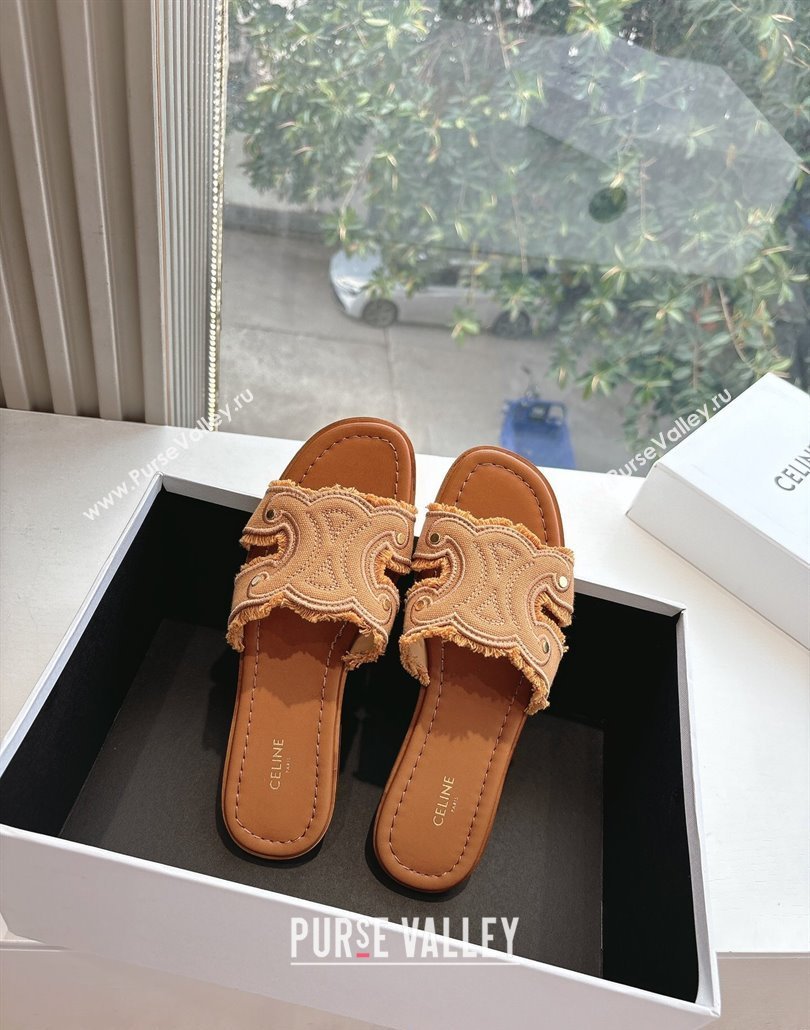 Celine Marina Fringed Flat Slides Sandal in Cotton Canvas Brown 2025 (MD-250428119)