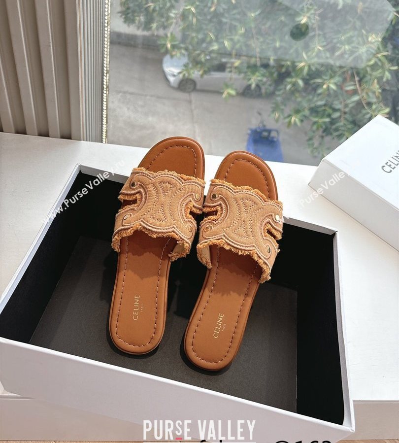 Celine Marina Fringed Flat Slides Sandal in Cotton Canvas Brown 2025 (MD-250428119)