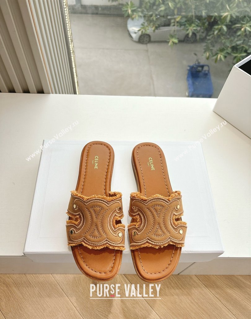 Celine Marina Fringed Flat Slides Sandal in Cotton Canvas Brown 2025 (MD-250428119)